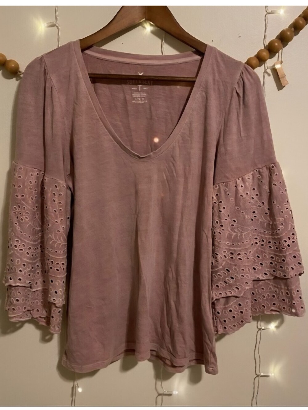 American Eagle Soft Sexy AEO Boho Bell Sleeve Eyelet Shirt Pink Women's Small S